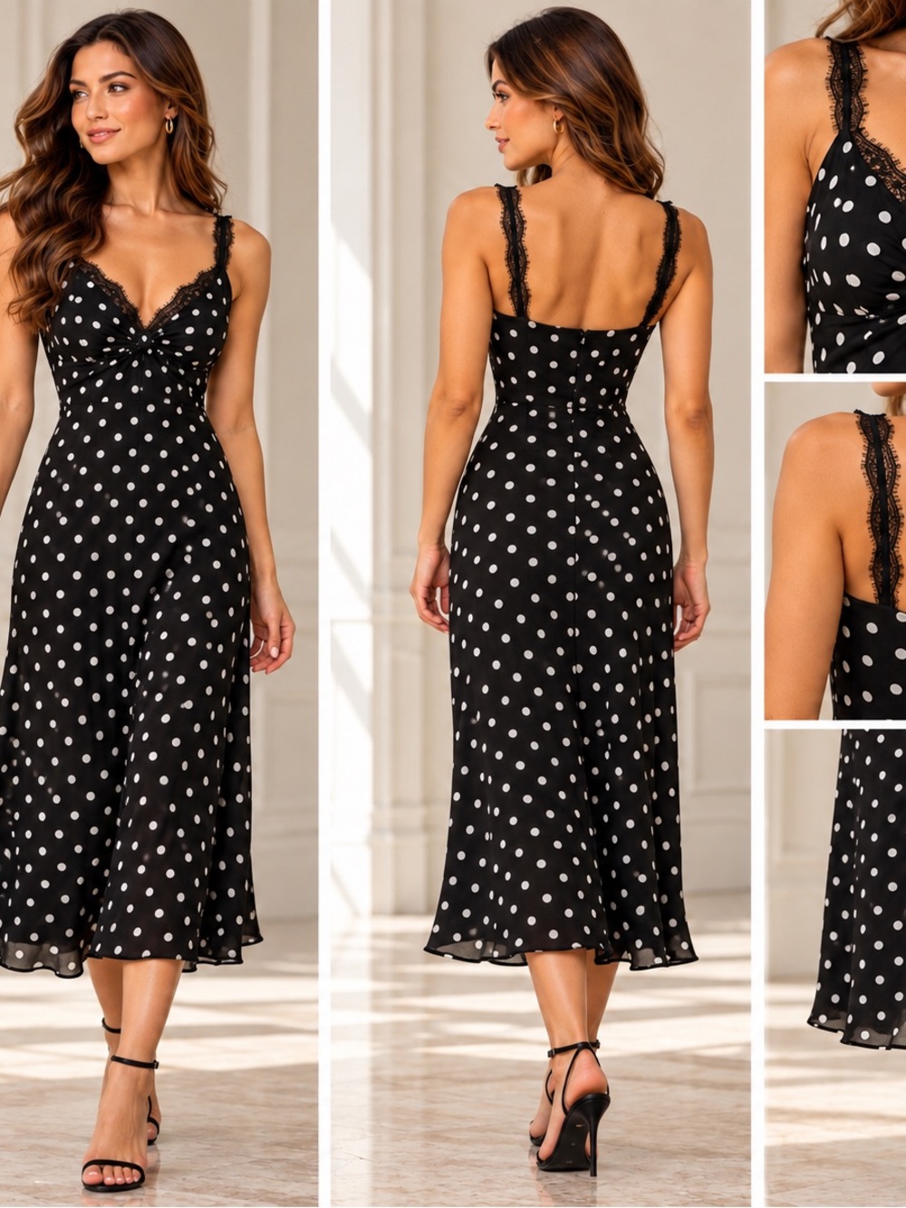 Lucy Paris Black & White Polka Dot Lace-Trim Midi Dress